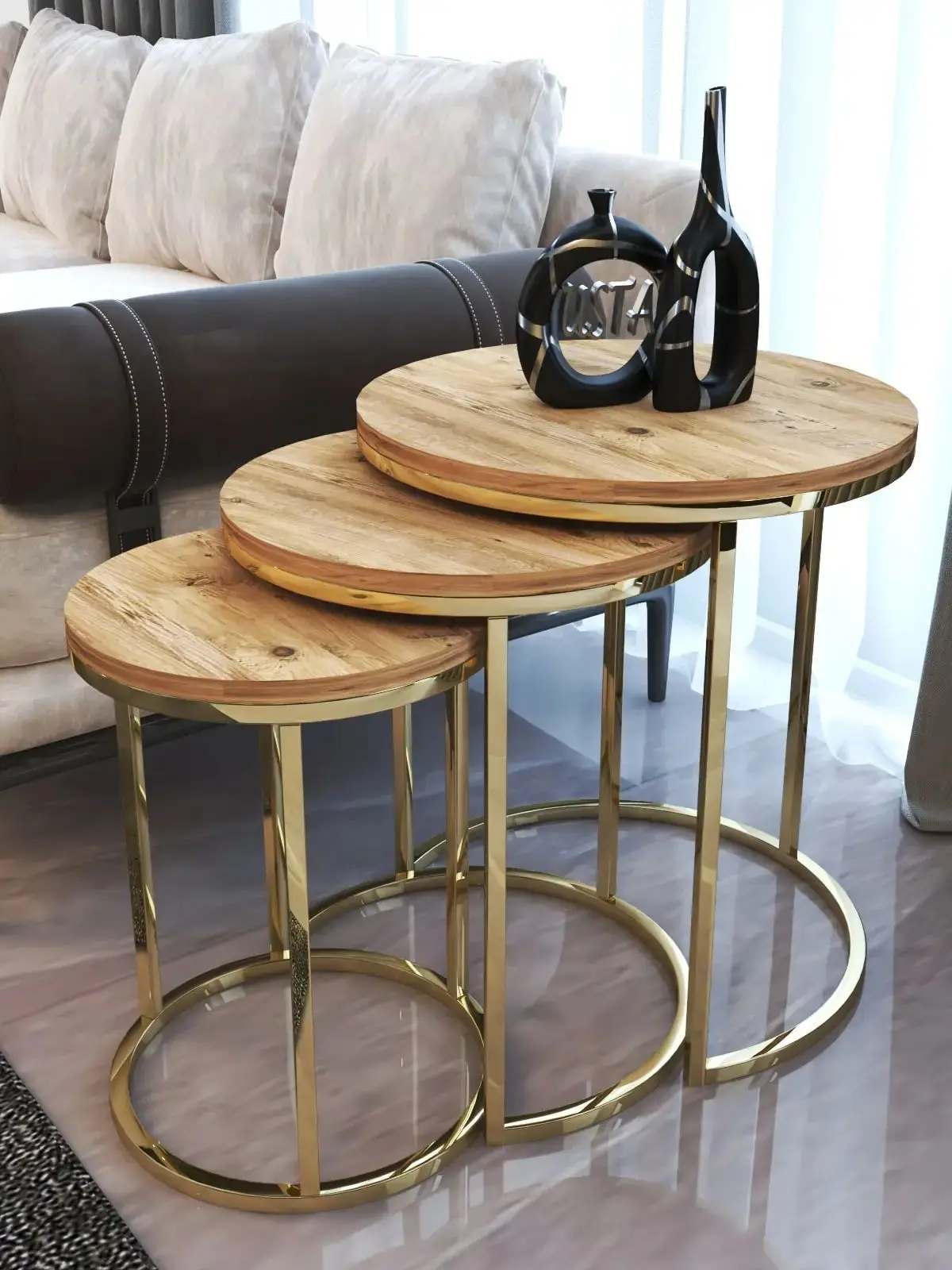 Coffee Table 3 Pieces Metal Leg Wooden Table Nest Tea Serving Tray Furniture Living Room