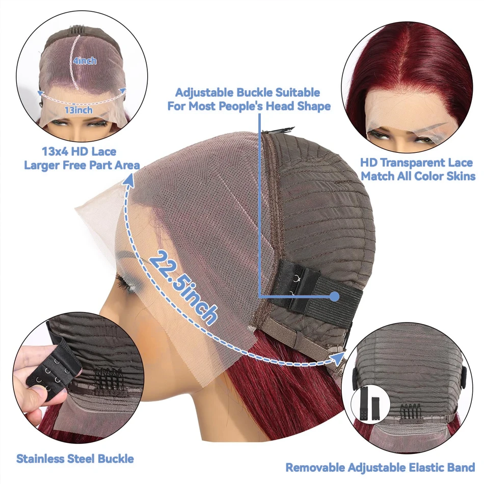 인모 짧은 밥 가발, 99J 버건디 13x4 레이스 프론트 가발, 딥 웨이브 미리 뽑은 투명 레이스 프론트 가발, 밀도 250
