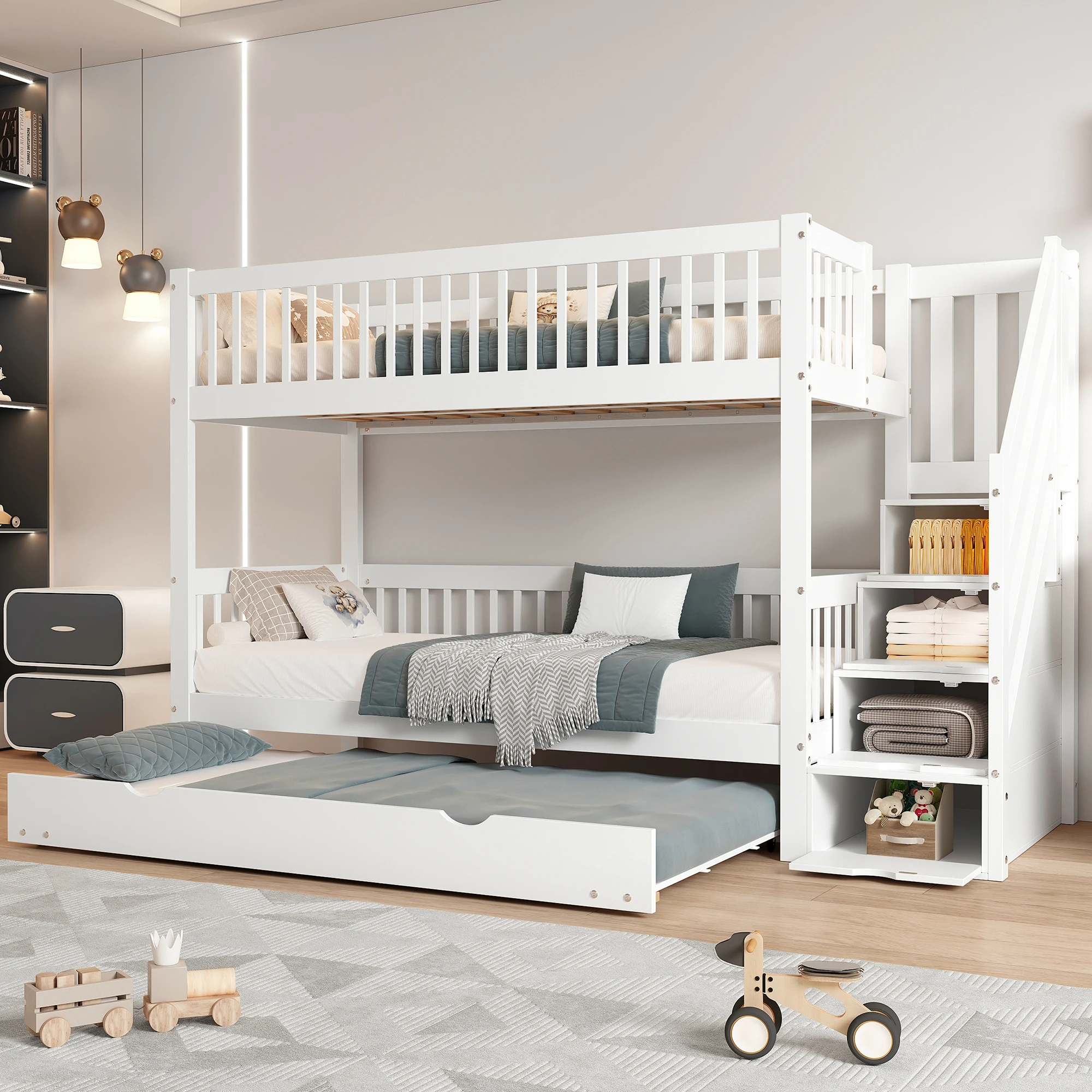 Cama litera blanca para niños con cama nido 53133456WAA, estructura de pino y MDF de 90x200/190 cm, escalera, armario y barandilla de seguridad completa