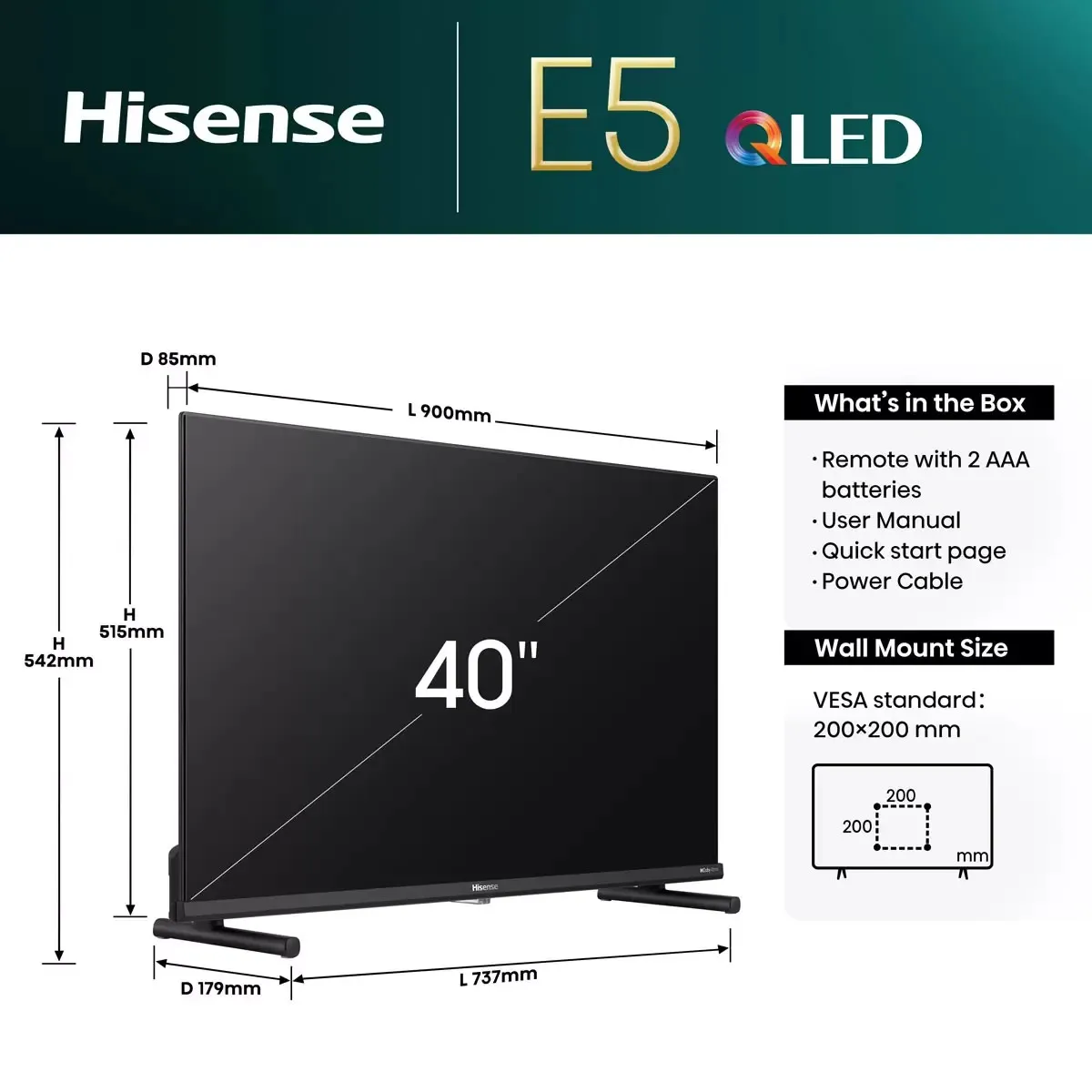 هايسنس تلفزيون ذكي 40E5NQTUK 40 بوصة Ultra HD HDR QLED Full HD