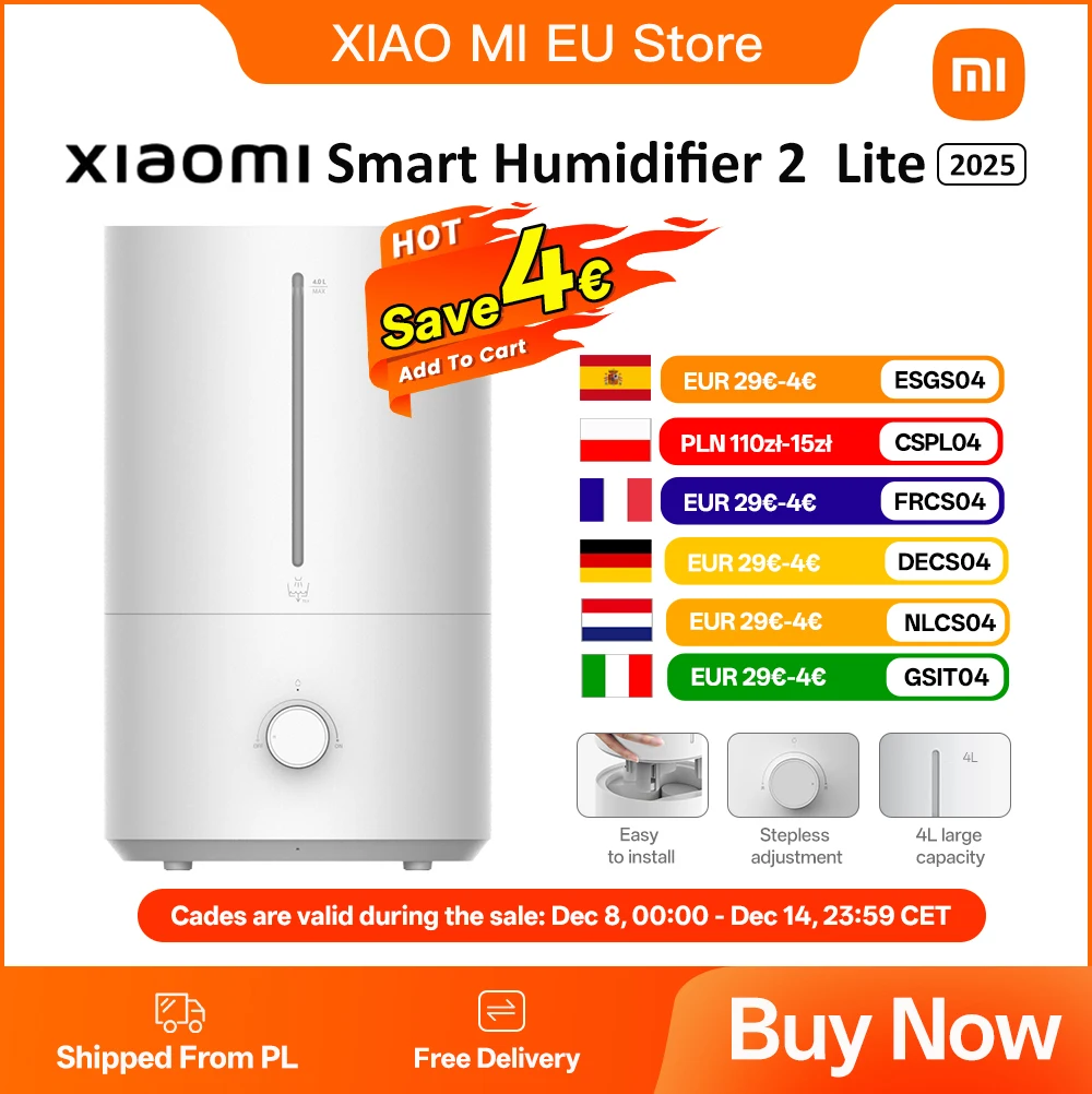 XIAOMI Humidificador 2 Lite Humidificador con Humidificación 300 ml/h, Tanque de Agua con Eficiencia Antibacteriana 99.9%, Capacidad 4 L