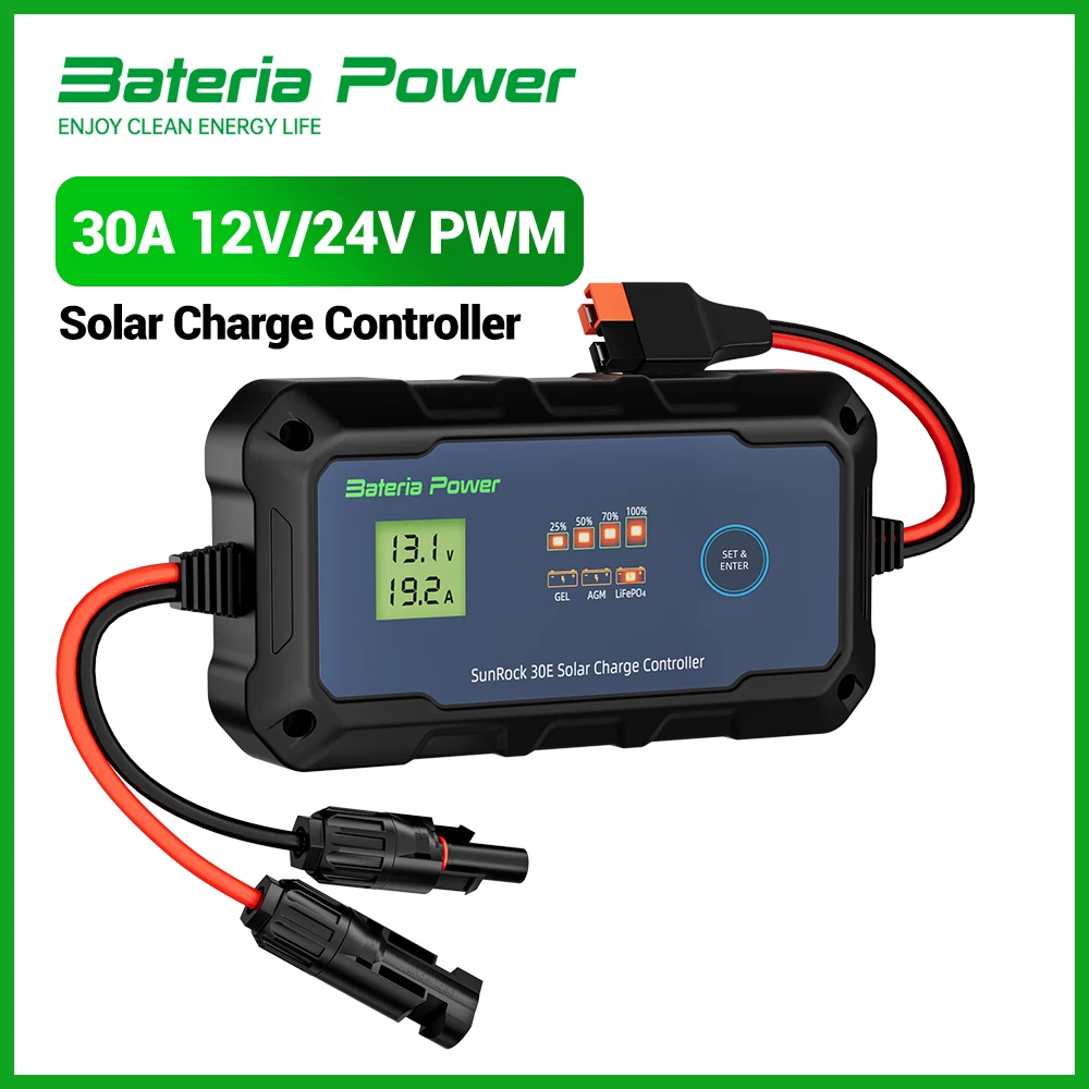 30A PWM Solar Charge Controller 12V/24V Auto Solar Panel Battery Regulator with Adjustable Multi-Function&LCD Display for Solar