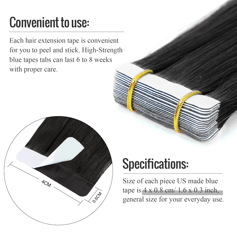 Tape in Hair Extensions Natural Black Real Human Hair 20 Pieces Remy Hair Extensions Straight Seamless Skin Weft Hair Extensions