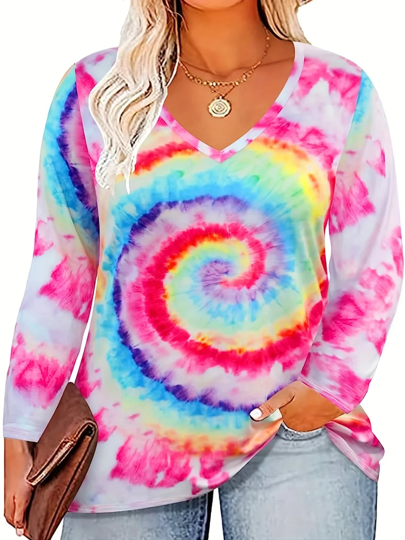 Plus Size Casual T-shirt damski Plus Tie Dye Kolorowy długi rękaw V Neck Lekko rozciągliwy T-shirt Odzież — zdjęcie 2