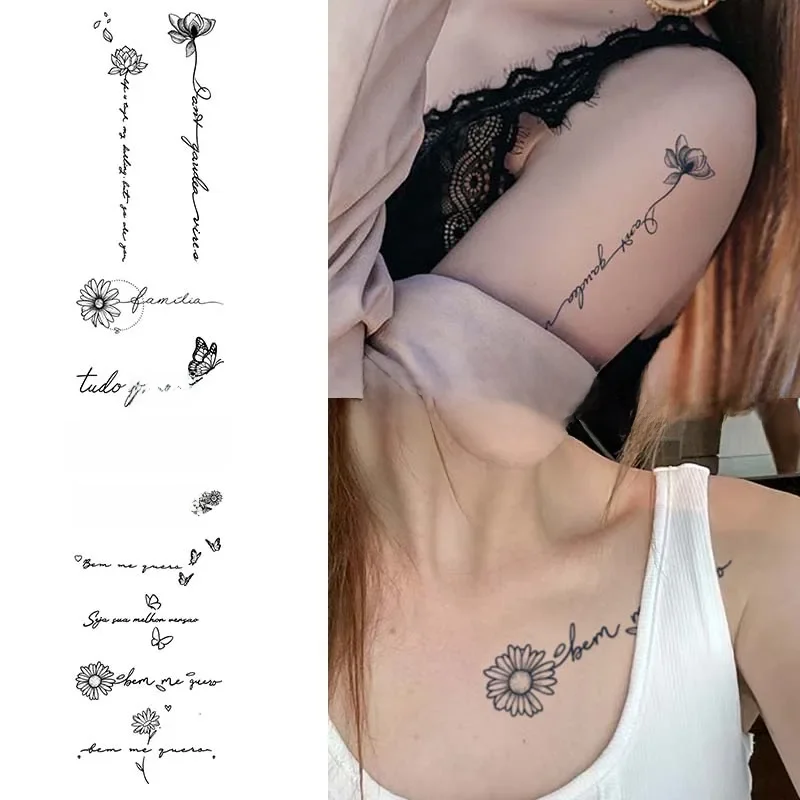 Tatouage temporaire imperméable, 3 pièces, papillon et Phrase anglaise florale, durable pour 1 à 2 semaines, faux tatouage semi-permanent réaliste