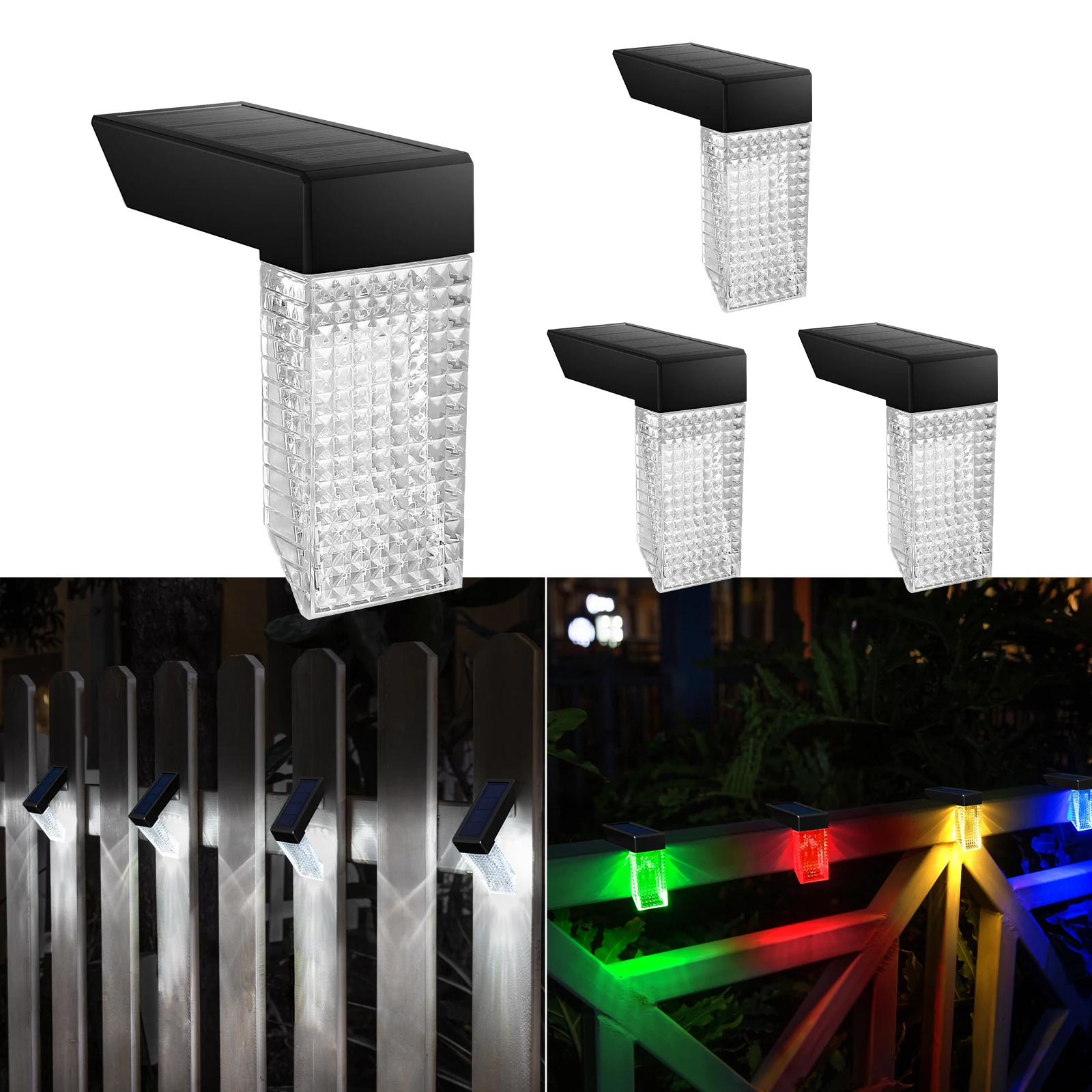 4 Pack Solar Stair Lights, Solar-Powered Outdoor Lights for Deck, Patio, Yard, Garden, Stairs, Railings, White + RGB Color