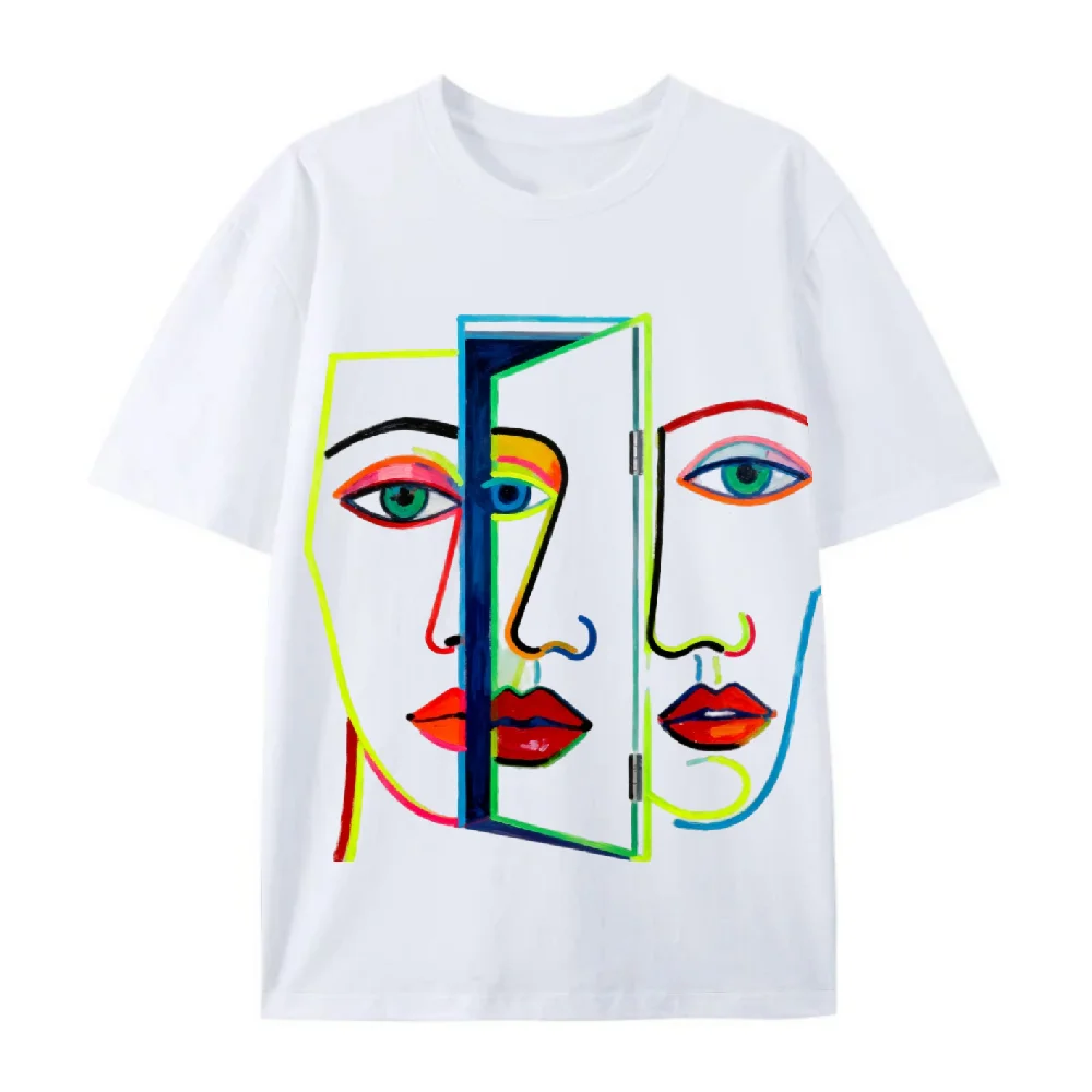 

100% Cotton Artistic Abstract Face Printed Oversize T Shirt Featuring Creative Geometric Pattern And Vibrant Details Ideal
