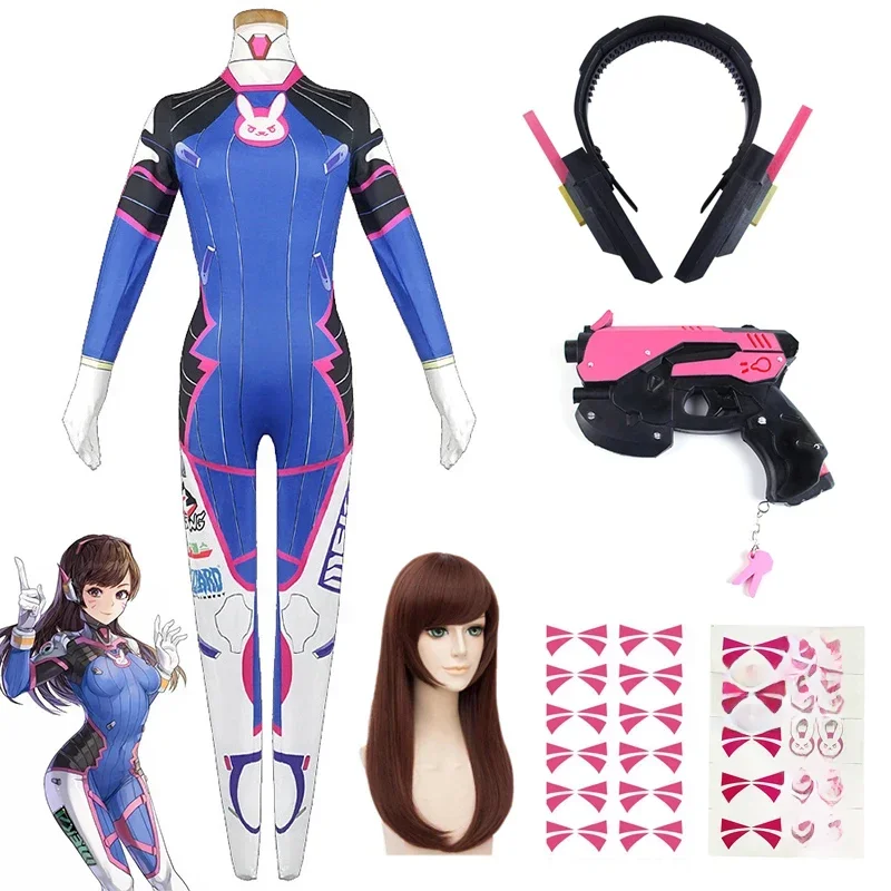 Game Overwatch Dva Cosplay Kostuums Panty Jumpsuit Pruik Hoofdtelefoon Pistool Cosplay Props Tattoo Stickers Pak Vrouw Party Zentai Cos - afbeelding 2