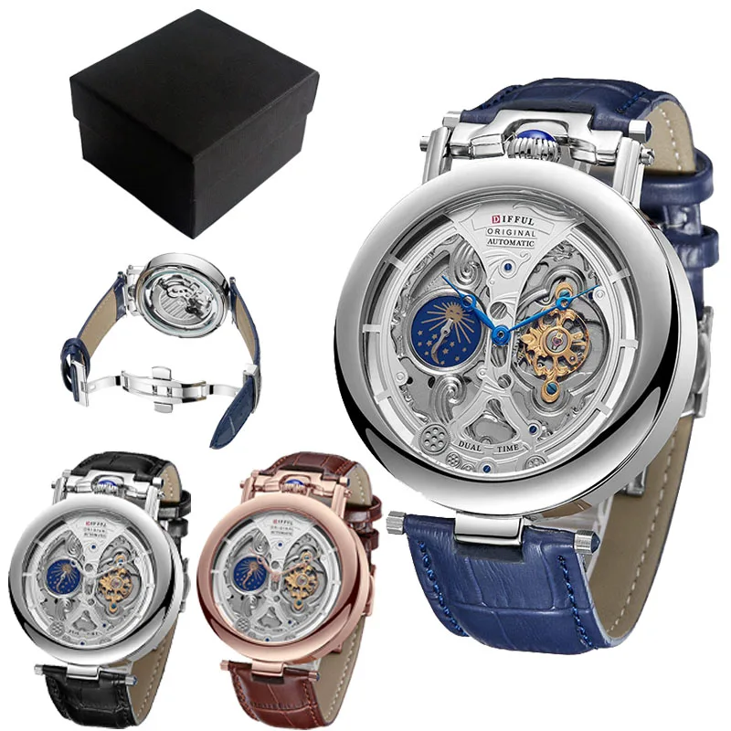 

DIFFUL Роскошные механические мужские наручные часы с большим скелетонизированным циферблатом и фазами Луны, турбийон, полые механические часы с кожаным ремешком