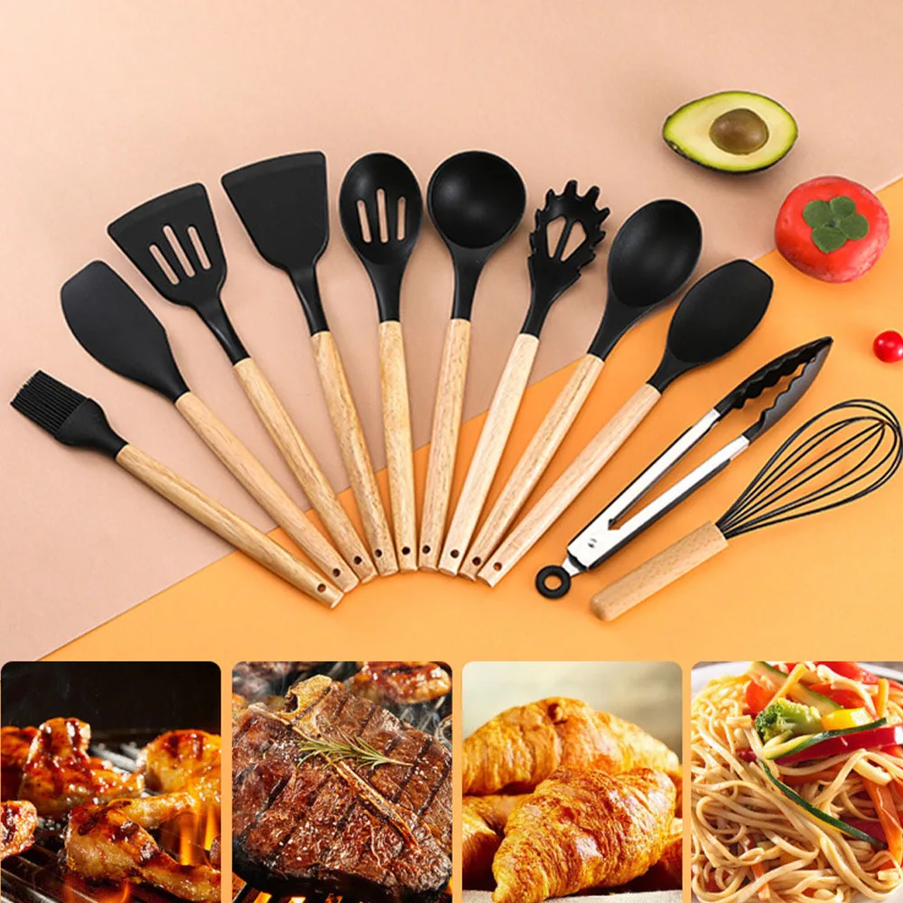 12Pcs Silicone Cooking Utensils Set For Handle Non Stick Pot Kitchenware Set Storage Bucket Resistant Accessoires kitchenware image 5