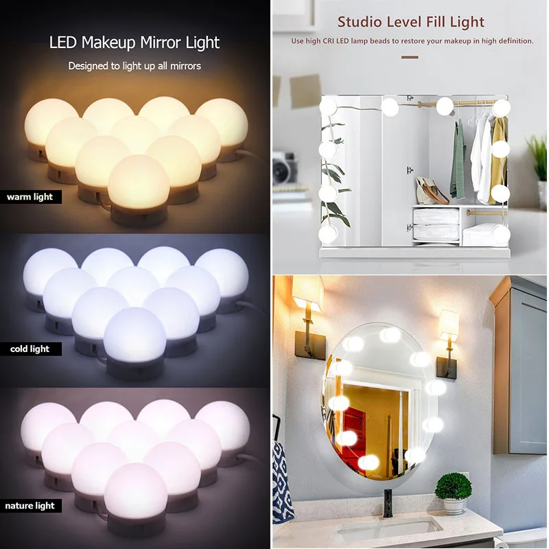 LED makeup mirror fill light, USB powered, three-color adjustable, memory function ambient light strip.