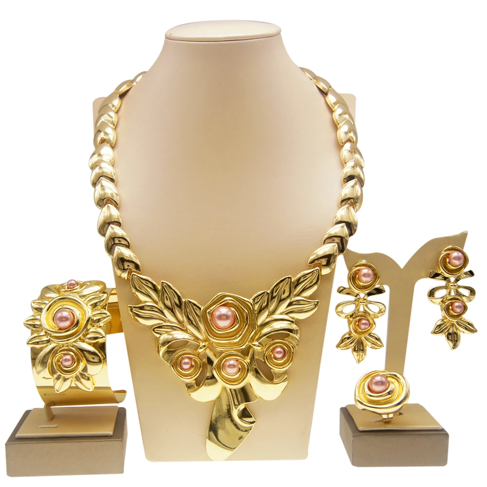 Womens Jewelry Set Gold Plated Necklace Earrings Ring Bracelet Fashion Accessories  to Nigeria Wedding Jewelry