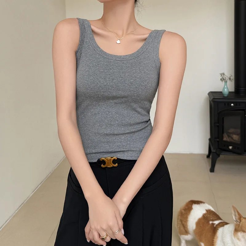 Korea Stylish Women\'s Camisole Sleeveless Solid Color Cotton Base Layer Tops Stretch Undershirts Concealing Side Cleavage C5731