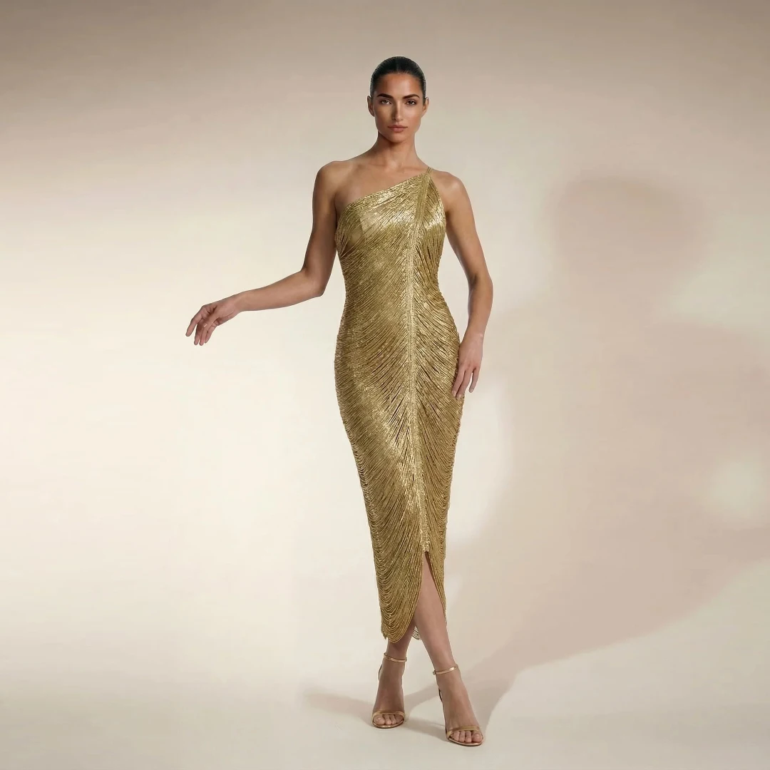 

High-Quality Summer New Women's Single-Shoulder Tassel Design Gold Sleeveless Belted Dress Elegant Backless Evening Party Dress