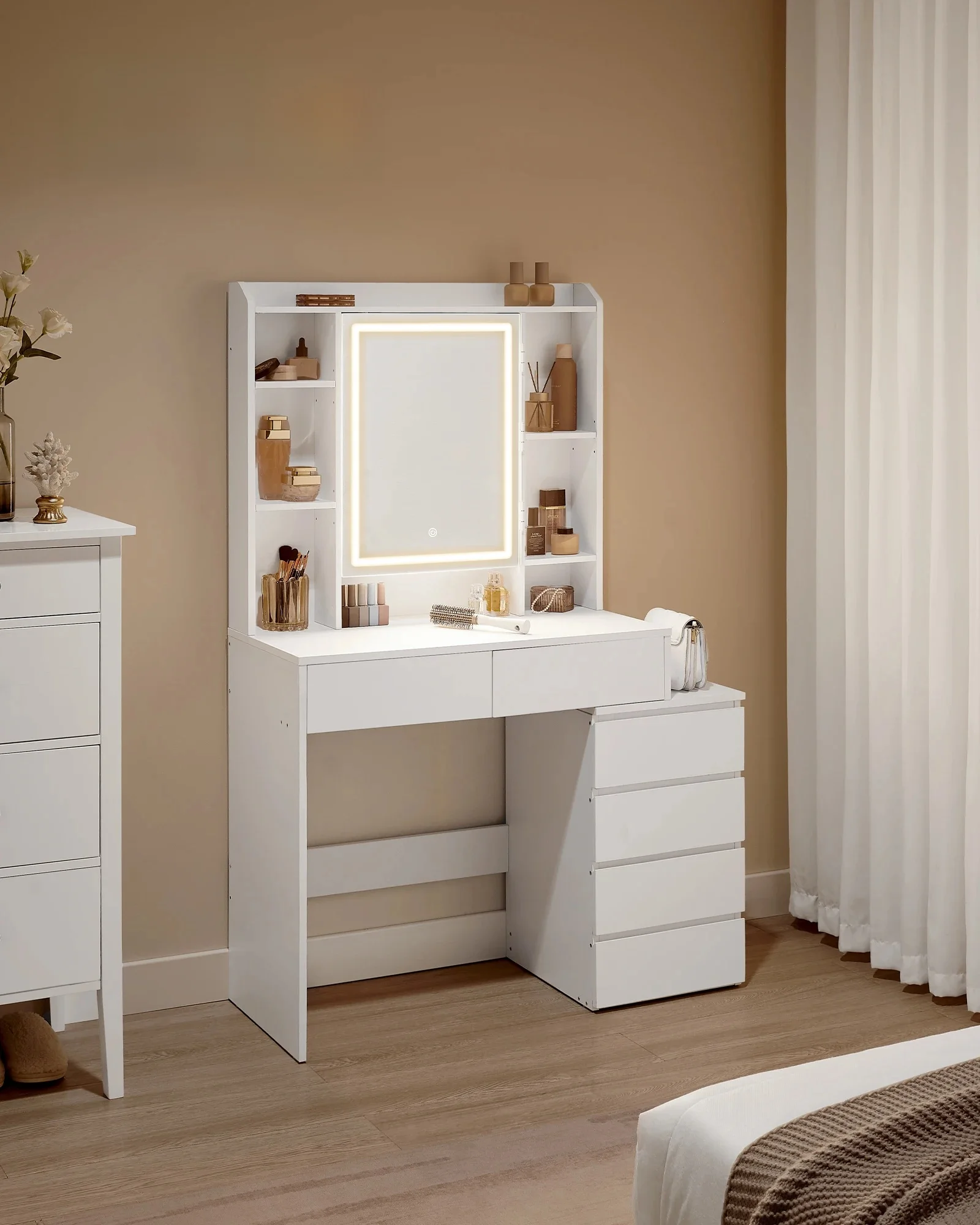 VASAGLE kaptafel met LED-verlichting, instelbare helderheid, kaptafel met spiegel, make-uptafel met lades - afbeelding 2