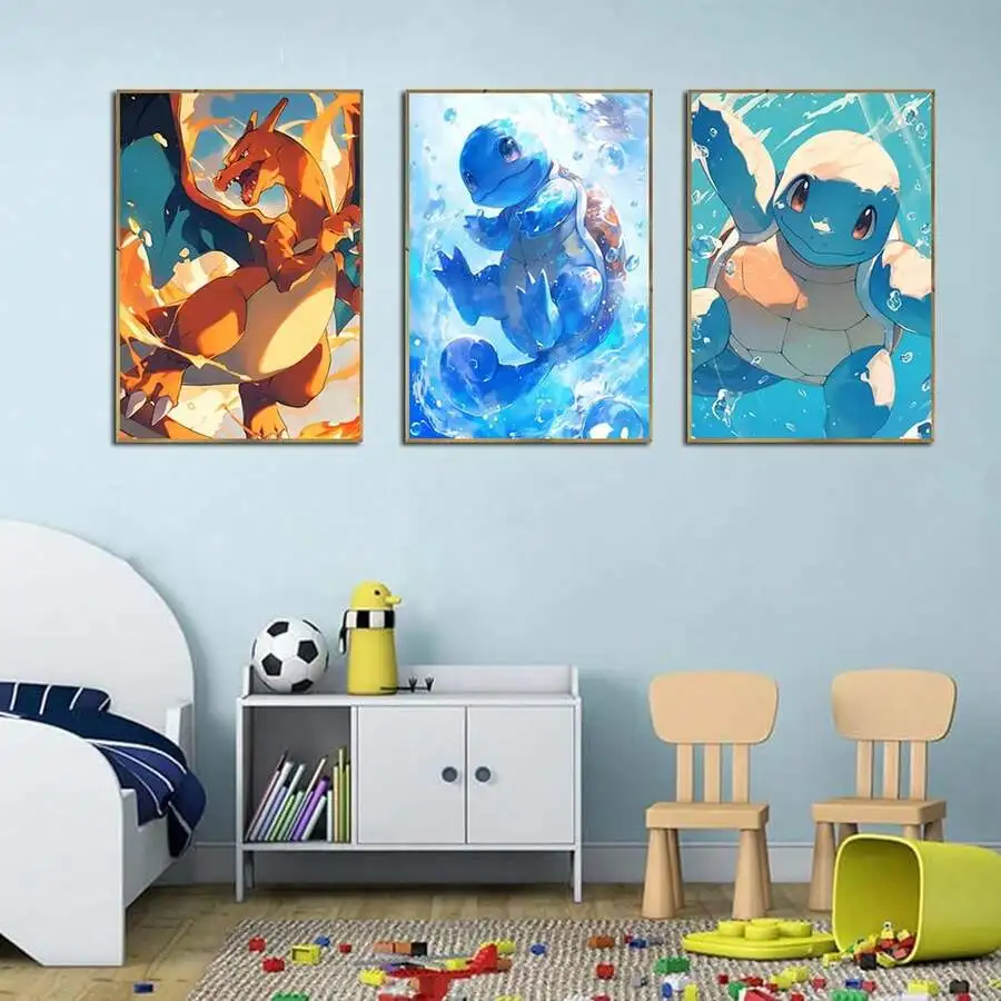 Japanese Anime Pokemon Posters Wall Art Pikachu Bulbasaur Charmander Squirtle Modern Children Room Home Decoration Gift Unframed