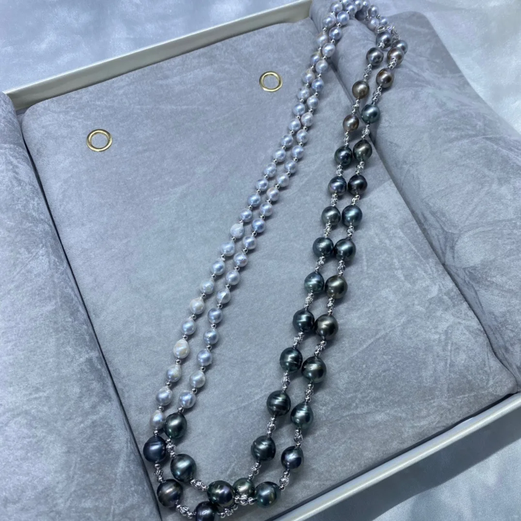 MADALENA SARARA 5-6mm Akoya Grey Pearl Combined 8-11mm Tahiti Black Pearl Baroque Women Long Necklace