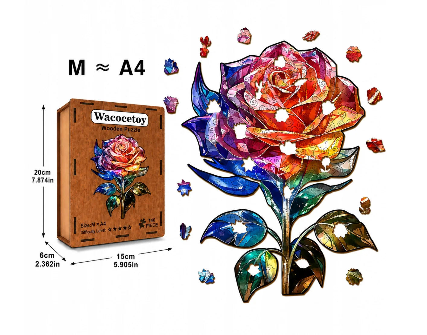Puzzle in Legno a Forma di Rosa 140 Pezzi, Scatola Colorata Organizer Regalo