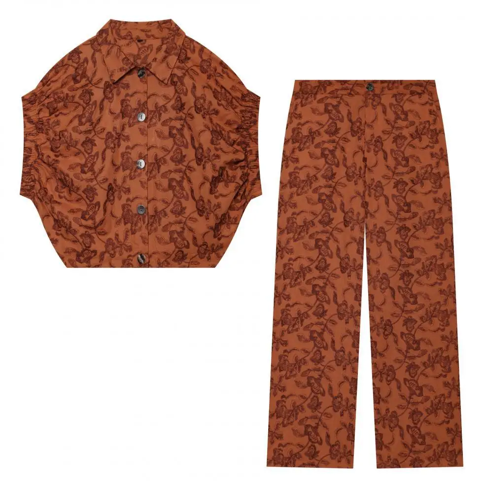 French Caramel Botanical Pattern Outfits Women Loose Batwing Sleeve Blouse and Long Trousers Sets Elegant Holiday Clothing 2026