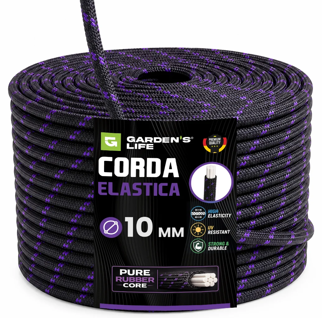 Corda elastica da 10 mm con anima in gomma, corda elastica in gomma, intrecciata a 32 fili, rivestimento in PP di alta qualità, estensibile fino al 100%, corda di fissaggio, corda di tensionamento,