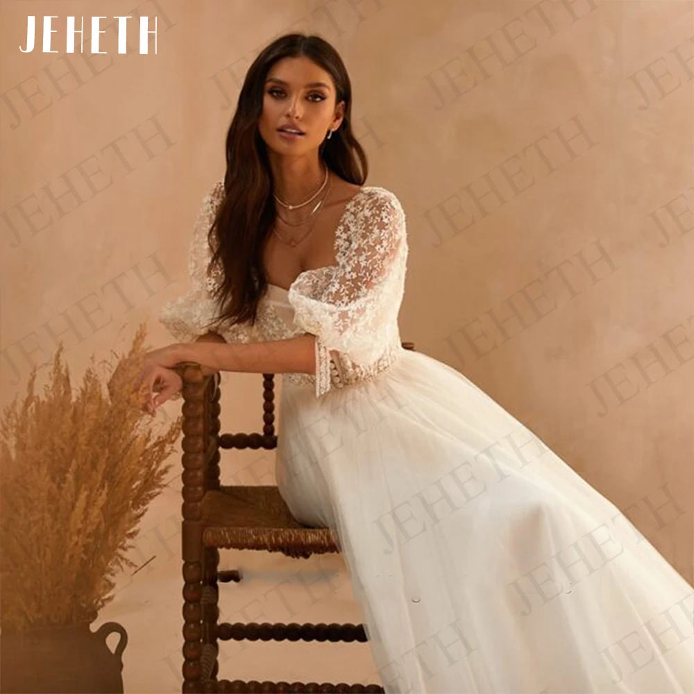 JEHETH Vestidos De Noiva Boho Vintage Meia Mangas Tule Praia Vestido De Novia Boda Civil Backless Lace Appliques Vestidos de Noiva Boho Vintage Meia Manga  Vestidos de noiva de praia em tule para casamento civil  Apliq