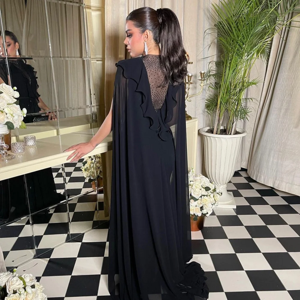 Amanda Black Silk Chiffon فستان سهرة Cape V-neck Party Dress Floor Lenght Evening Dresses Sleeveless A-line Prom Dress