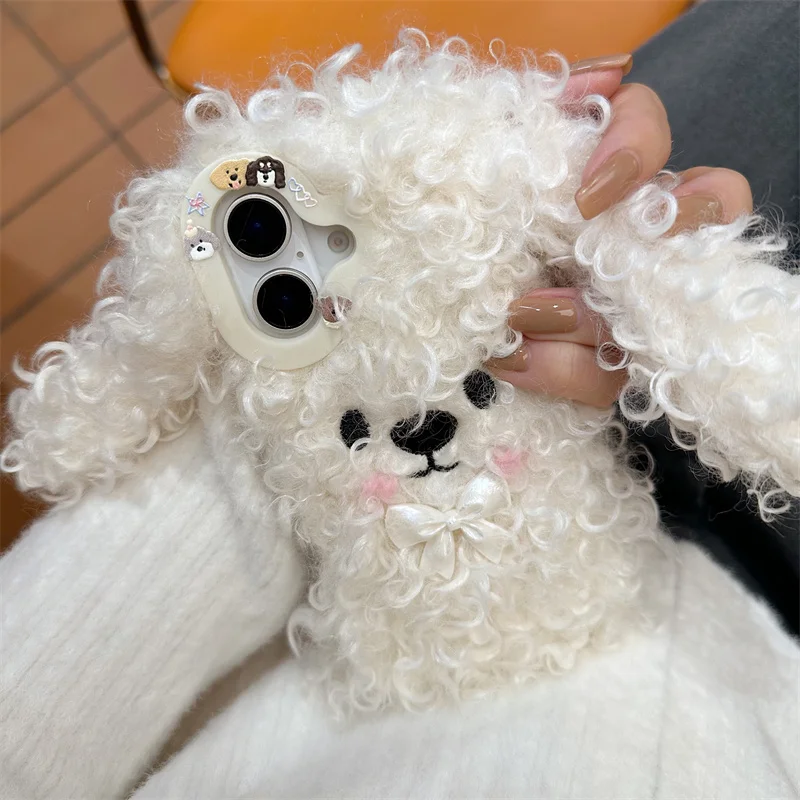 

Cute and Fun Curly Furry Puppy Bow Phone Case, Fluffy Protective Cover, iPhone 16, 14Pro, 15Pro Max, 13pro, Winter