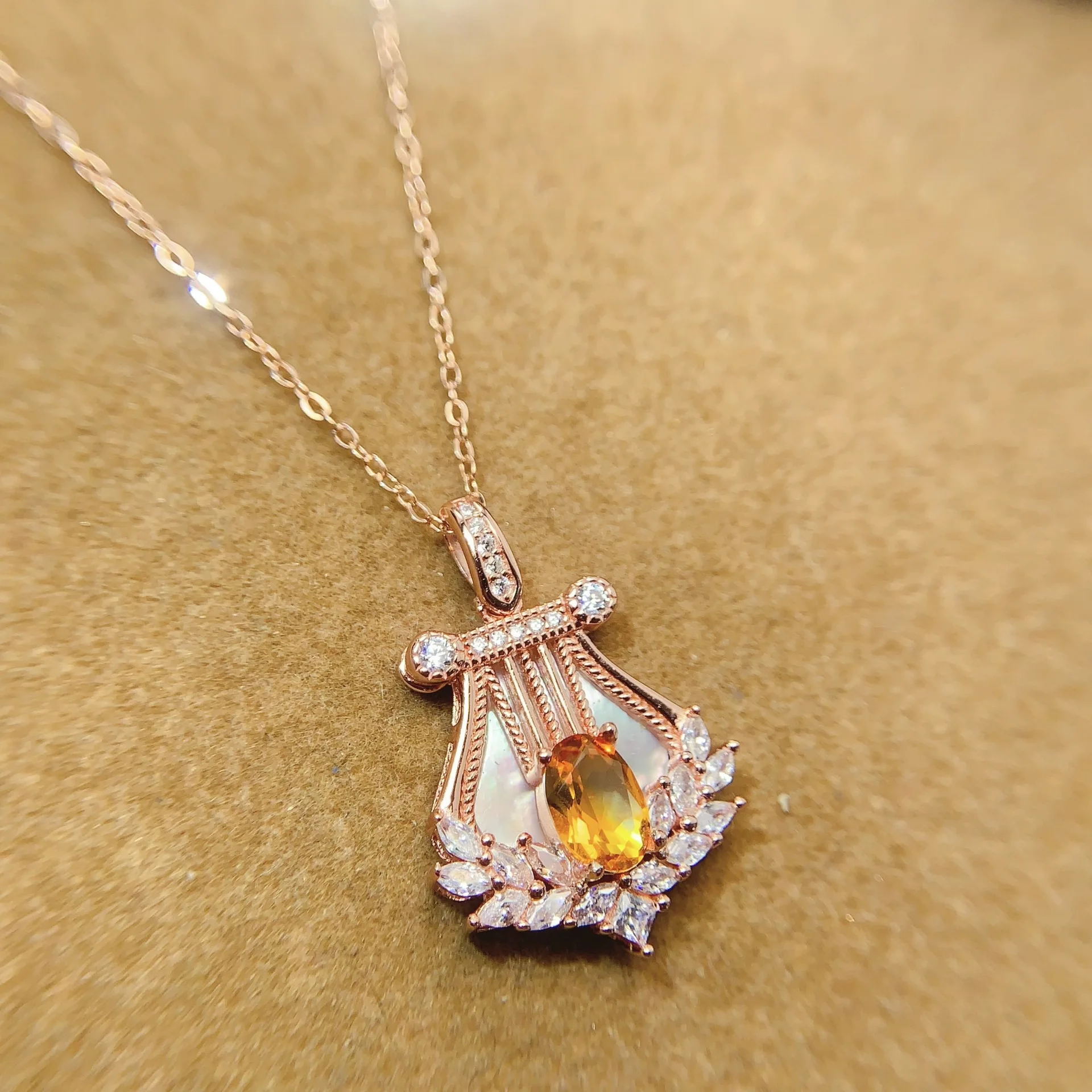Jewelry Girl Pure Natural Yellow Crystal Necklace Pendant 925 Pure Silver Plated 18K Rose Gold Only Christmas Gift Girlfriend - view 3