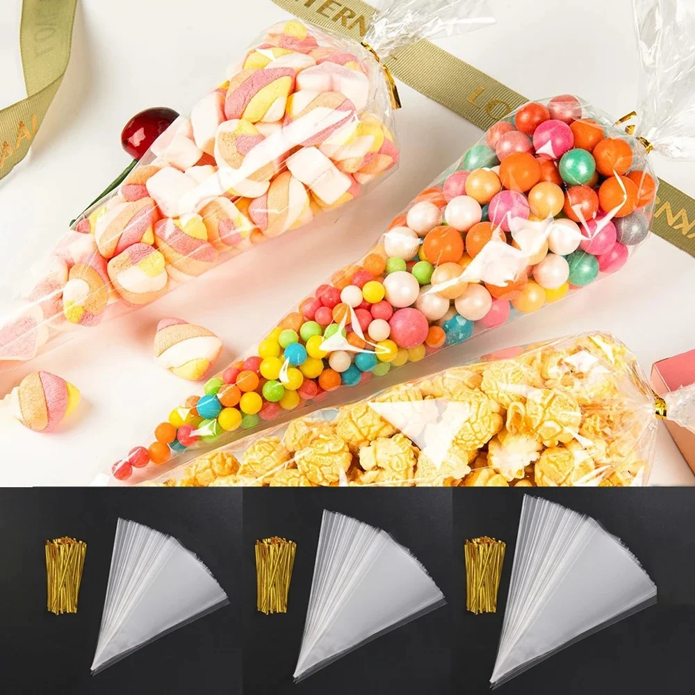 Sacs de rangement de bonbons à cône transparent, 50/100 pièces, sac en plastique transparent, sacs à bonbons pop-corn pour réception-cadeau pour bébé, sac pour cadeaux de fête de mariage
