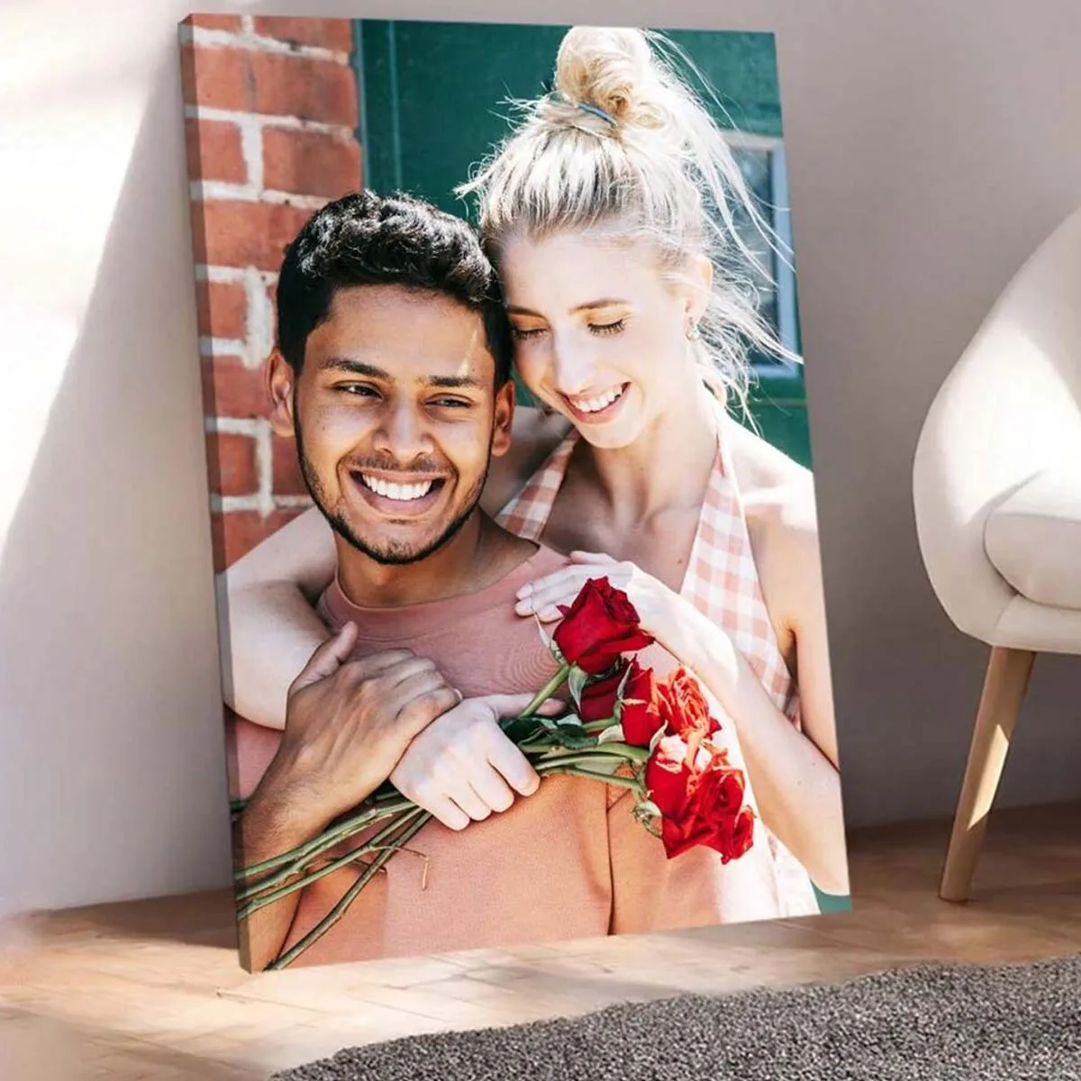 Custom photo canvas prints, available with a wooden frame or frameless poster, suitable as a Valentine's Day gift.