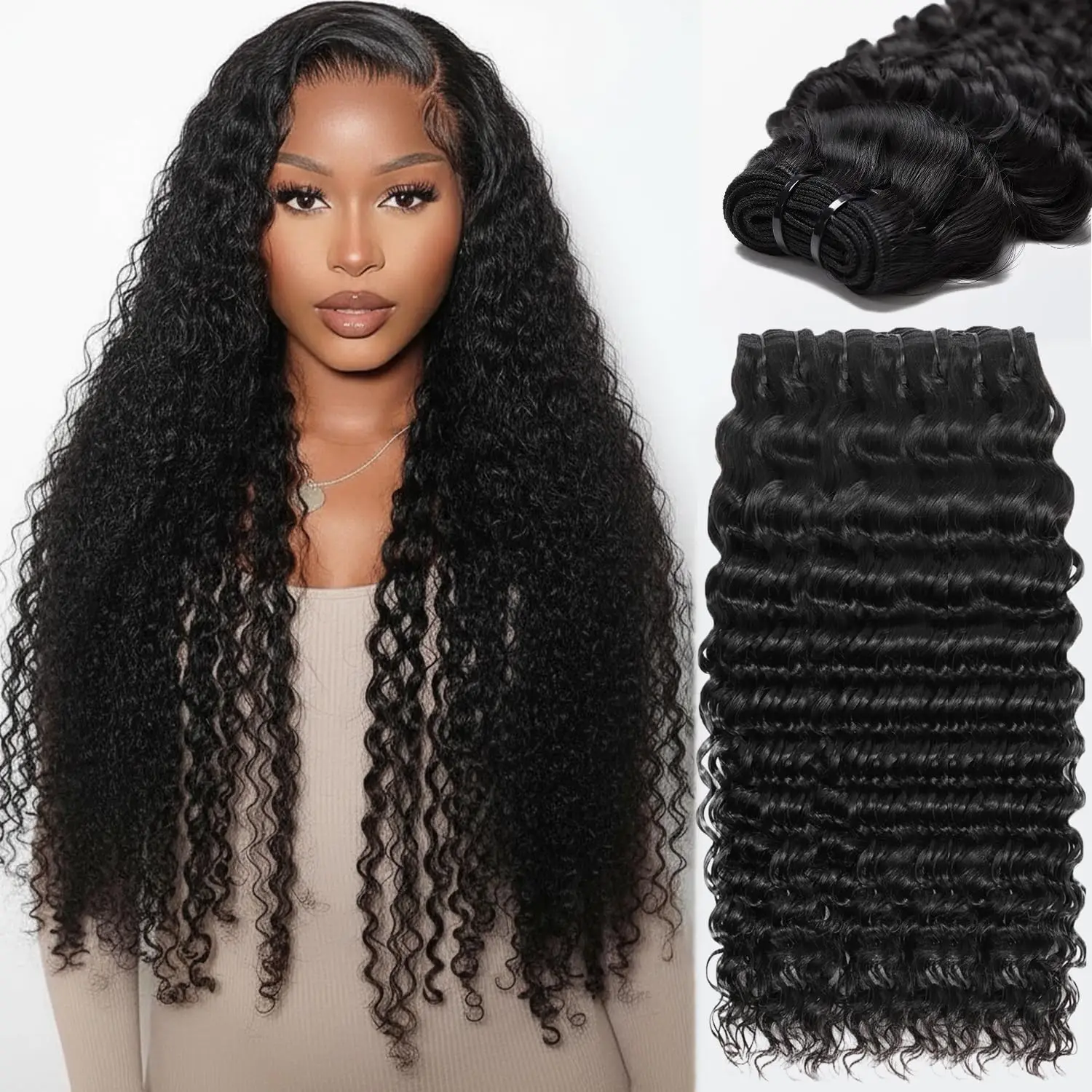 

Deep Wave Human Hair Bundles 24 26 28 inch Deep Curly Bundles 100% Human Hair for Women Brazilian Raw Hair Extensions
