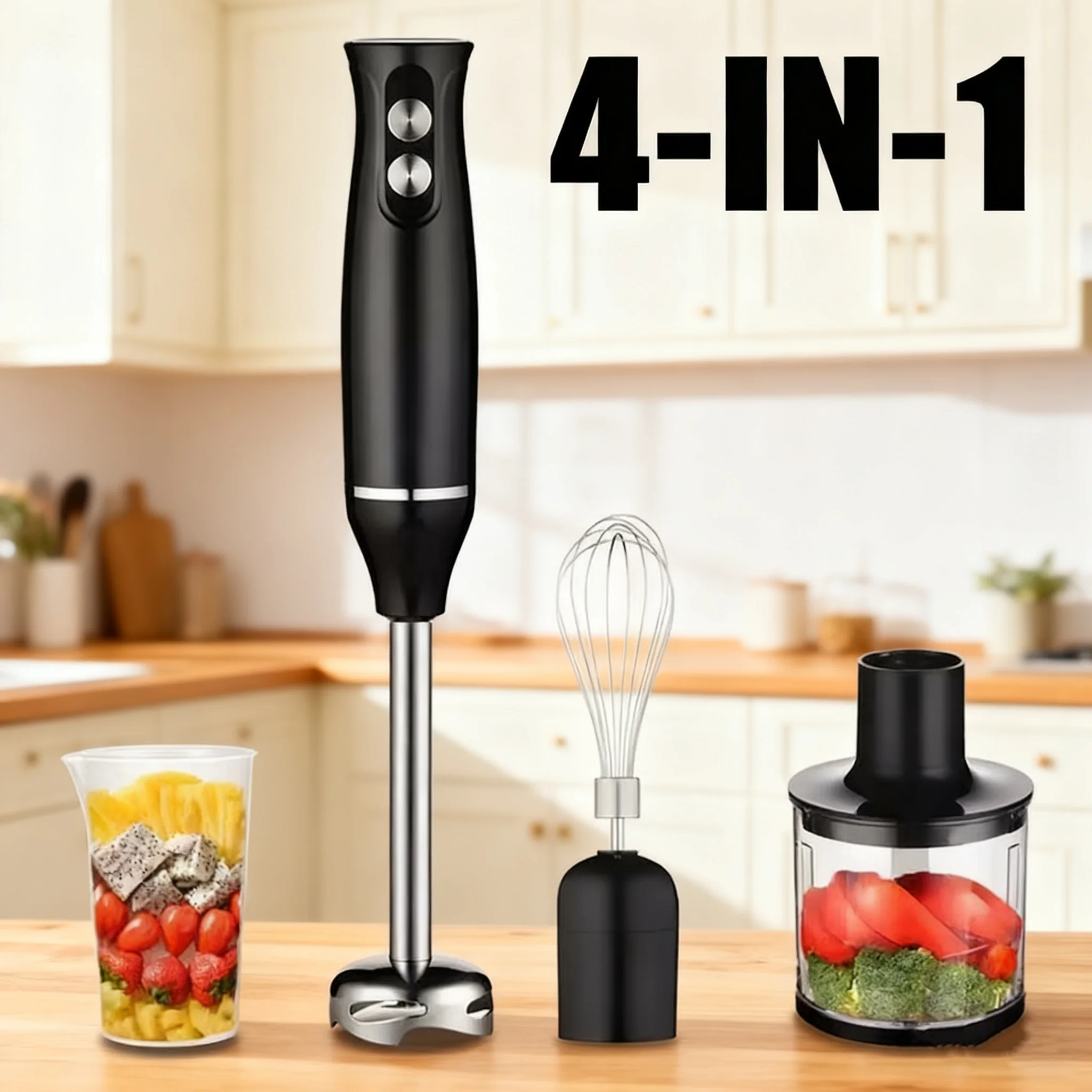 Batidora de mano eléctrica 4 en 1, batidora de mano de 500W, hoja de acero inoxidable, inmersión de carne vegetal, batidor de huevos, juego de exprimidor
