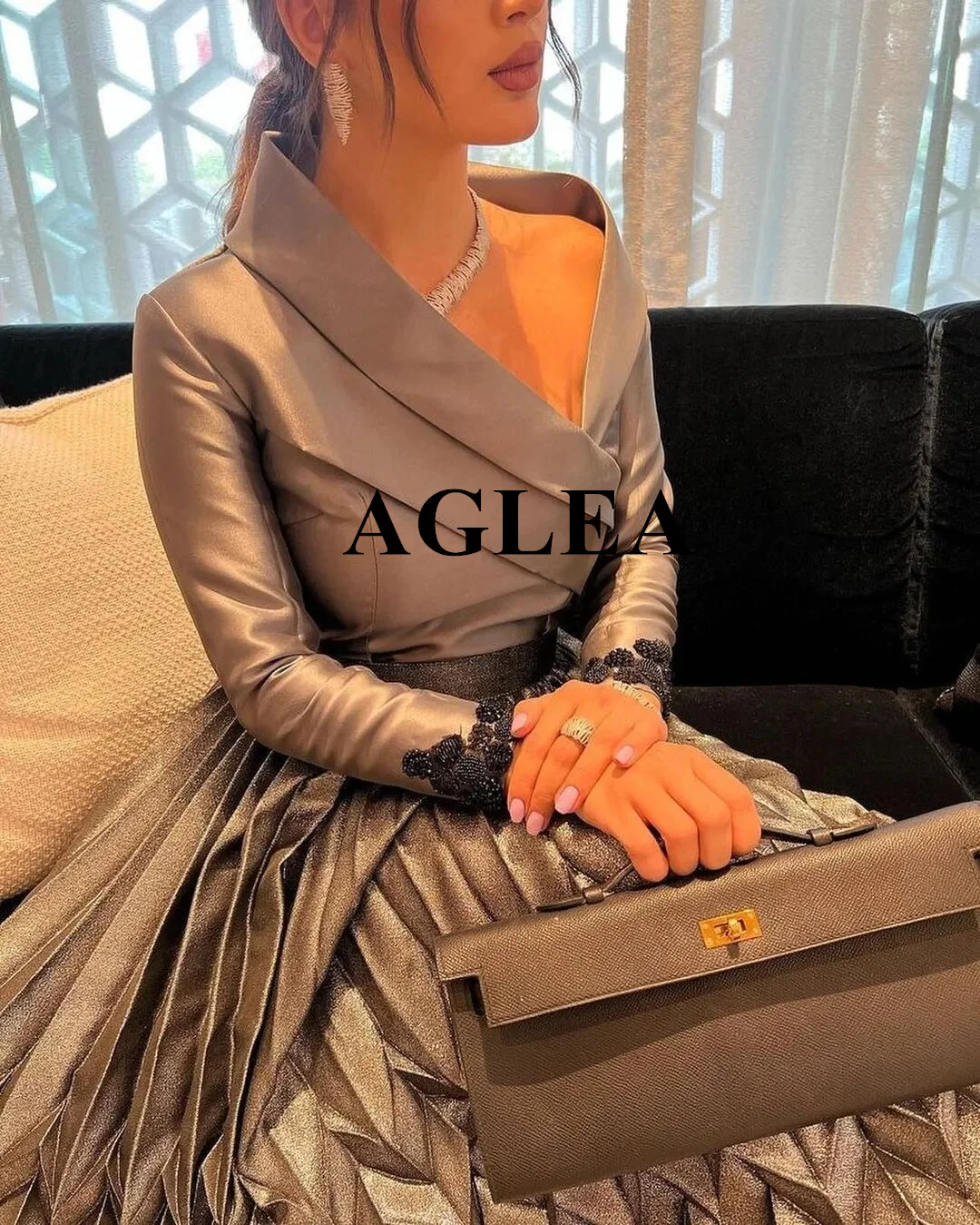 AGLEA 2024 gaun acara Formal Vintage A-line leher V lengan panjang berlipat manik-manik panjang pergelangan kaki wanita gaun malam Prom