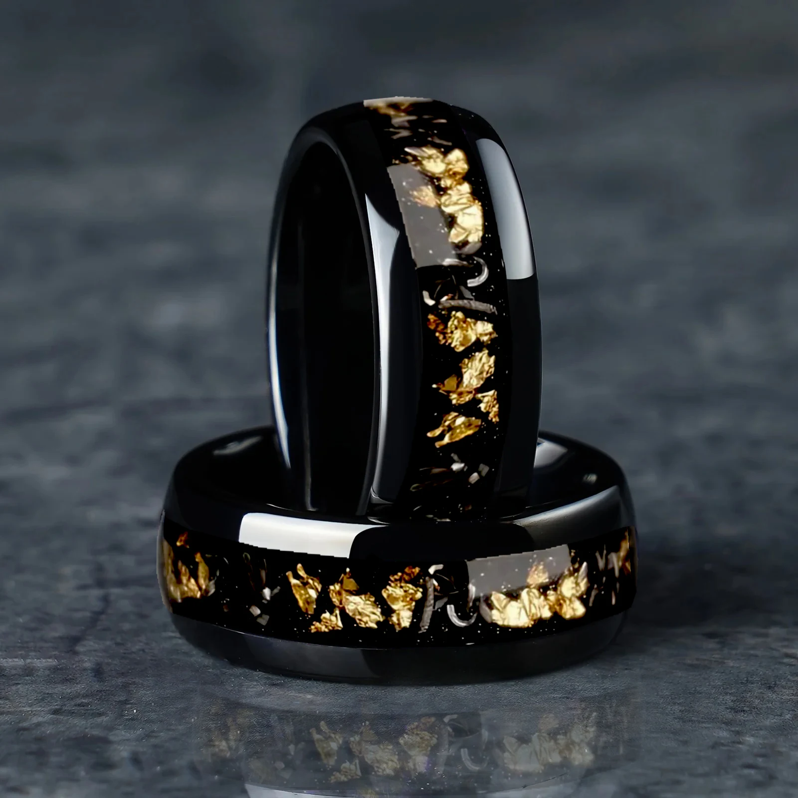 Anillos de acero inoxidable de 8mm para hombre, anillos de concha de abulón y meteorito con incrustaciones para hombre y mujer, banda de compromiso de boda, regalo de joyería