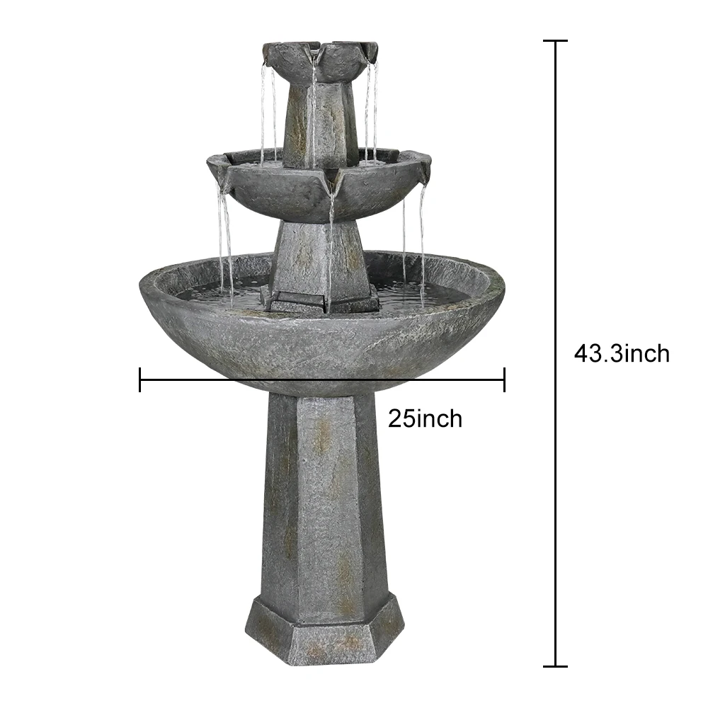 43.3 "H Buitenfontein, 3-Tier Betonnen Buitenvloer Waterval Fontein Met Pomp En Splashback Voor Buitendecoratie, Grijs