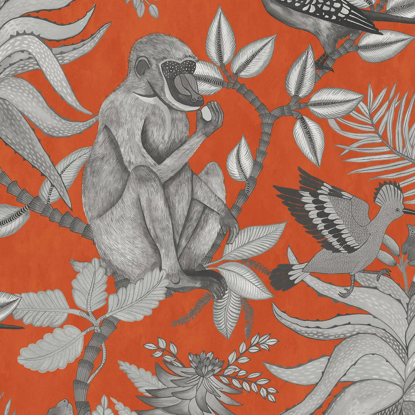 Quirky animal jungle Wallpaper with baboon, chameleon and exotic birds with bold orange back, Nordic Wall paper SAVUTI