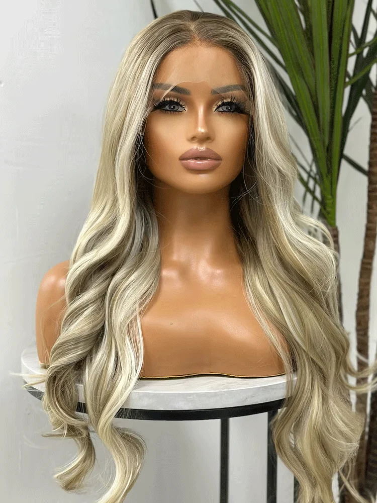 

Ash Brown Rooted Light & Platinum Blonde Mix Long Wavy 13x4 Lace Frontal Wig Heat Safe Synthetic Hair Realistic Lace Front