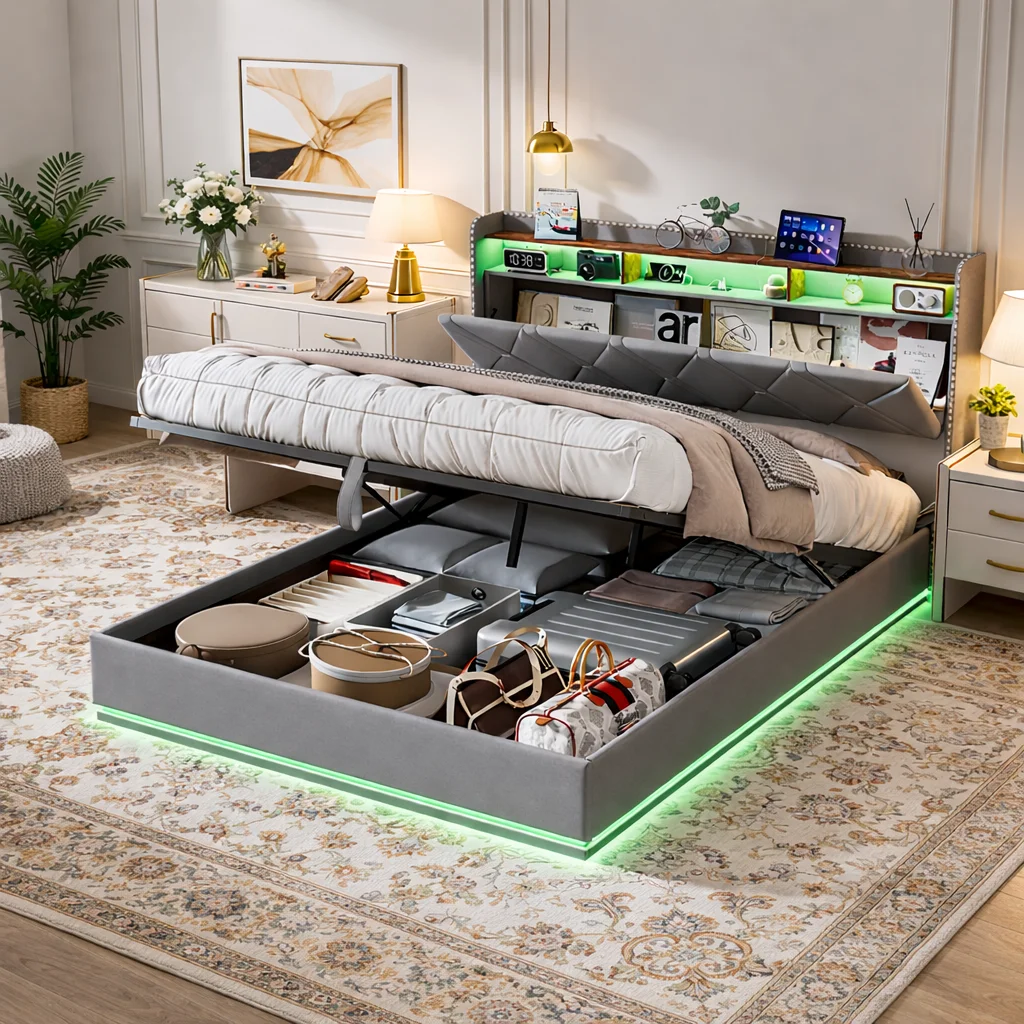 Opbergbed 140x200 cm met hoofdbordplanken, gestoffeerd tweepersoonsbedframe met LED en USB, hydraulisch ottomane bed met lattenbodem, linnen platformbed, boxspring-stijl opbergbed voor tienerkamer,