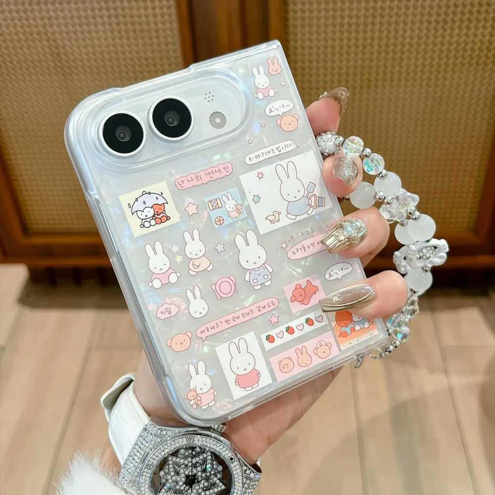 Cartoon Miffy Rabbit Shell Pattern Glitter Phone Case for Apple iPhone Duo Cover Kawaii Folding Shockproof Protective Cases Cute
