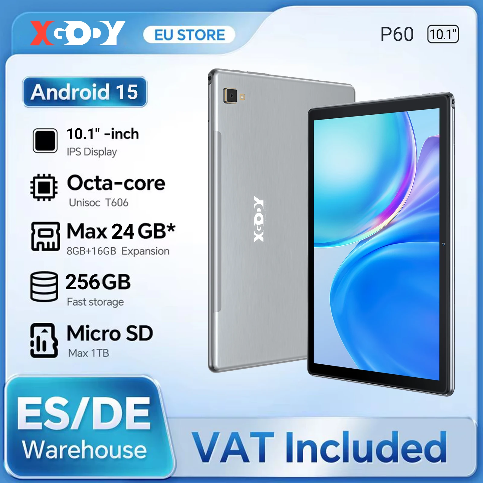 XGODY P60 Android 15 Tablet 10.1" 2K Screen Display, UNISOC T606, Max 24GB RAM, 256GB ROM, 8000mAh, 10W Fast Charge, 4G LTE, GPS