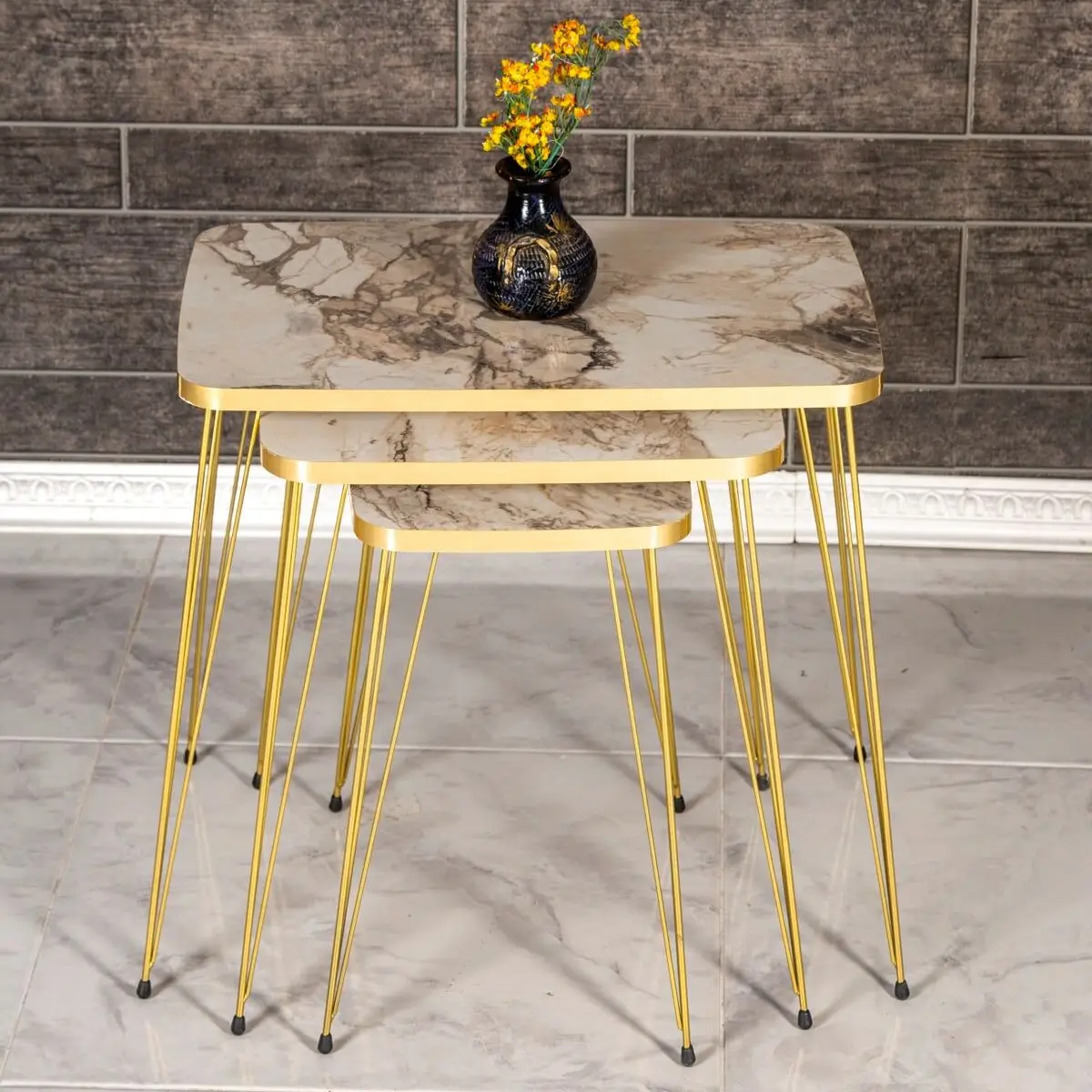 3 Piece Luxury Gold Nesting Table for Living Room Decorative White Marble Metal Leg Nordic Coffee Table Furniture Set