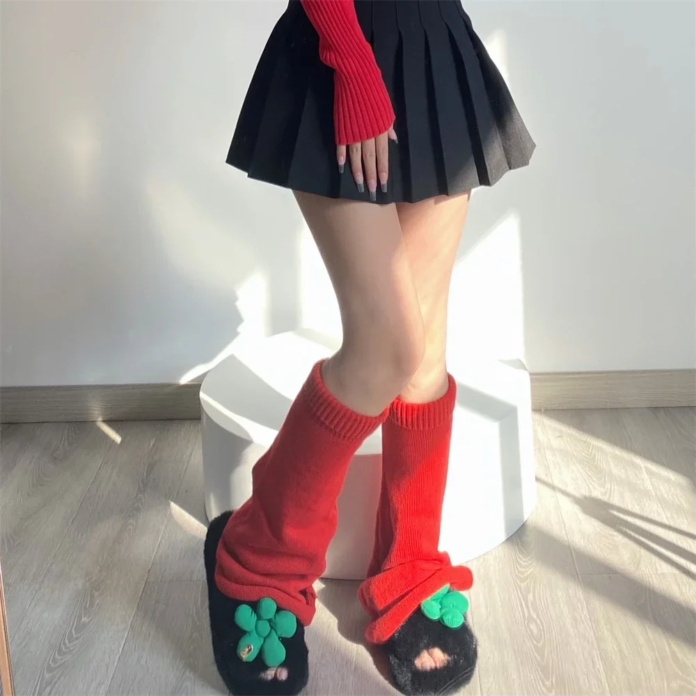 Damskie czerwone ocieplacze na nogi, długie wełniane dziergane nakładki na stopy, modne zimowe legginsy, skarpety, japońskie mankiety do butów Y2K, akcesoria do cosplayu. — zdjęcie 2