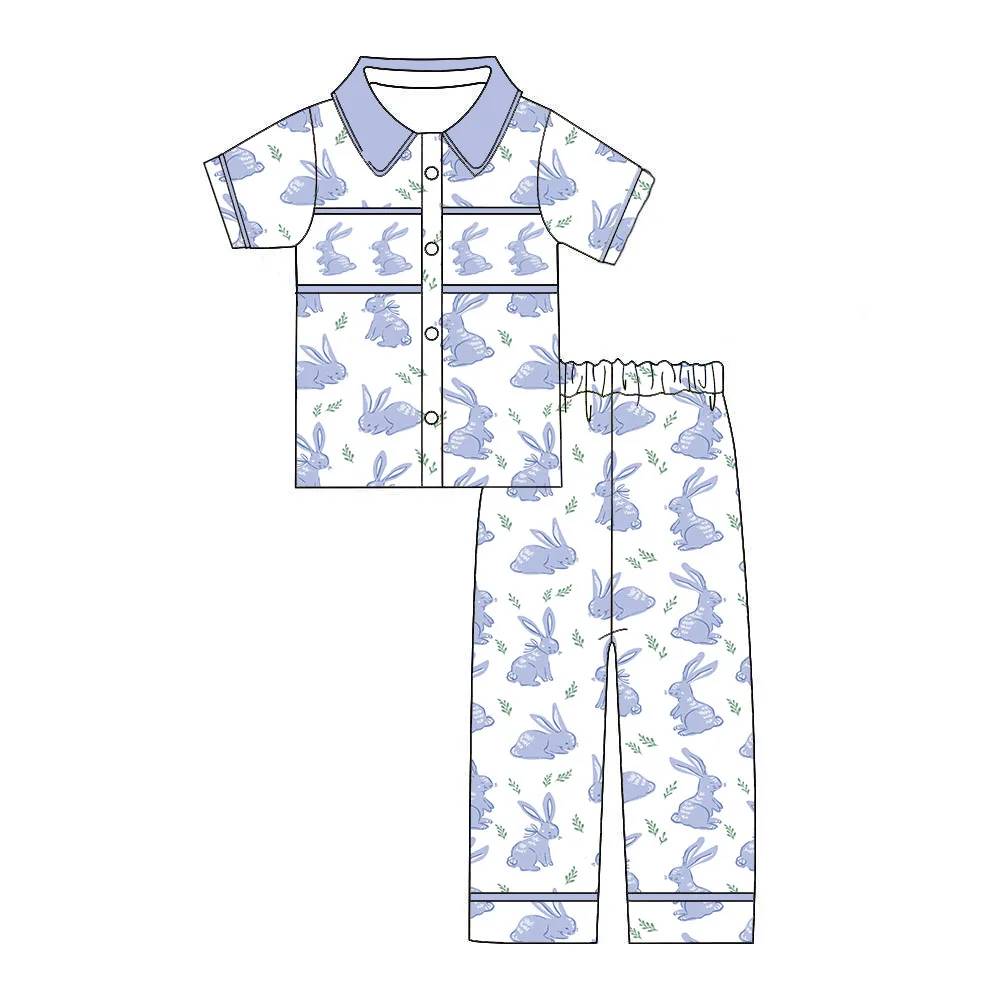 New Children's Easter Bunny Outfit Short-Sleeve Pink and Blue Bunny Print Boy and Girl Set Newborn Bubble Romper Sibling Set
