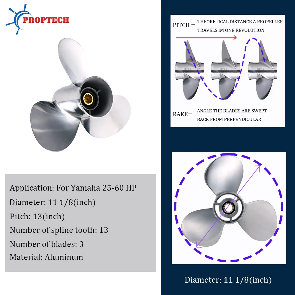 Boat Propeller For Yamaha 25hp 30hp 40hp 50hp 55hp 60hp Outboard Screw 11 1/8x13 Boat Motor Stainless Steel Propeller 3 Blade 13