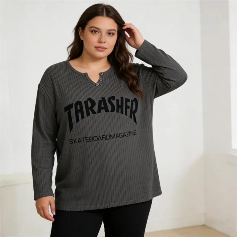 تي شيرت كبير الحجم مطبوع عليه لوح التزلج بأكمام طويلة على الطراز الكوري سترة فضفاضة 50-150 كجم ملابس خروج غير رسمية للسيدات #3