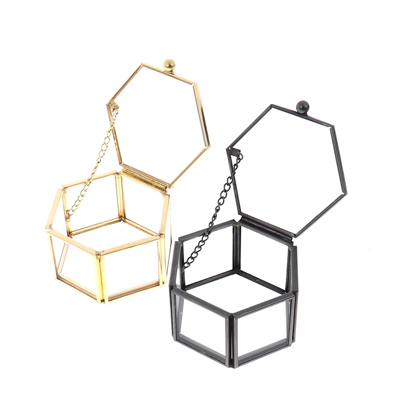 1PC 8*7*4.5cm Tranpartent Geometrical Glass Jewelry Box Hinged Top Lid  with Metal Chain Jewelry Organize Holder Ring Box