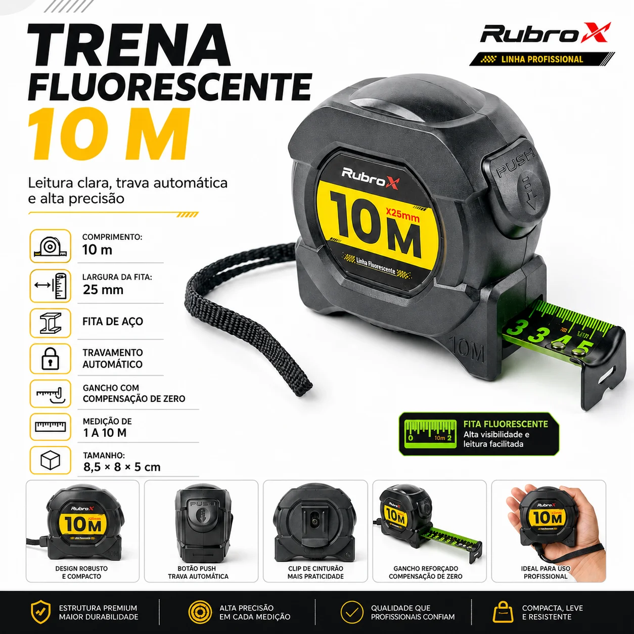 RubroX Fita Métrica Aço Inoxidável carbono Alta Precisão 10M Trena Profissional Fluorescente Trava