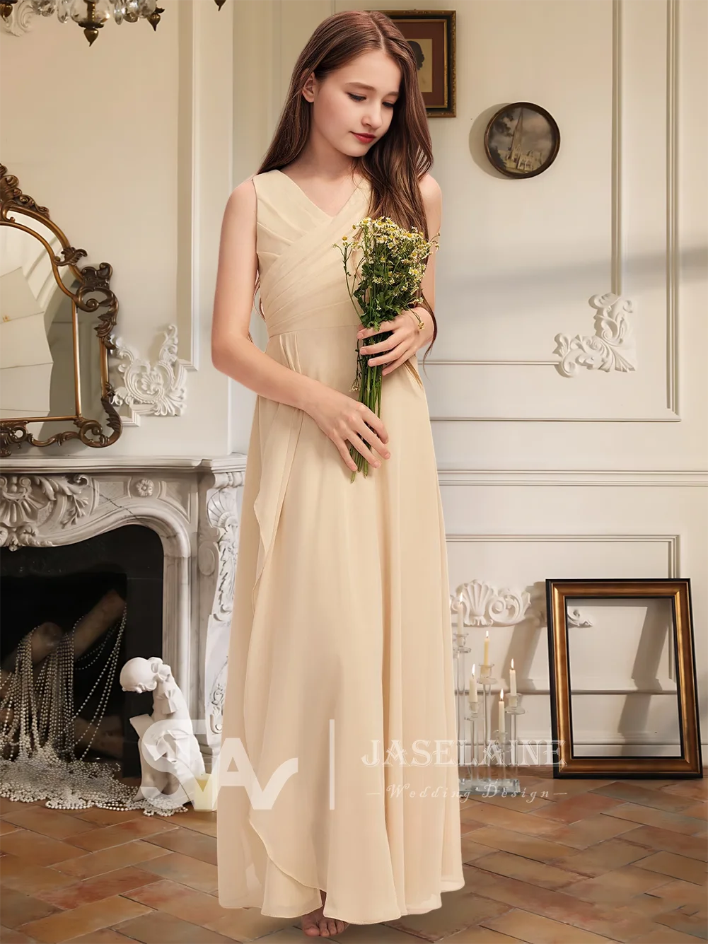 Элегантное шифоновое платье трапециевидной формы с v-образным вырезом длиной до пола, платье подружки невесты, плиссированное платье с цветочным узором для девочек, вечерние, свадебные, официальные