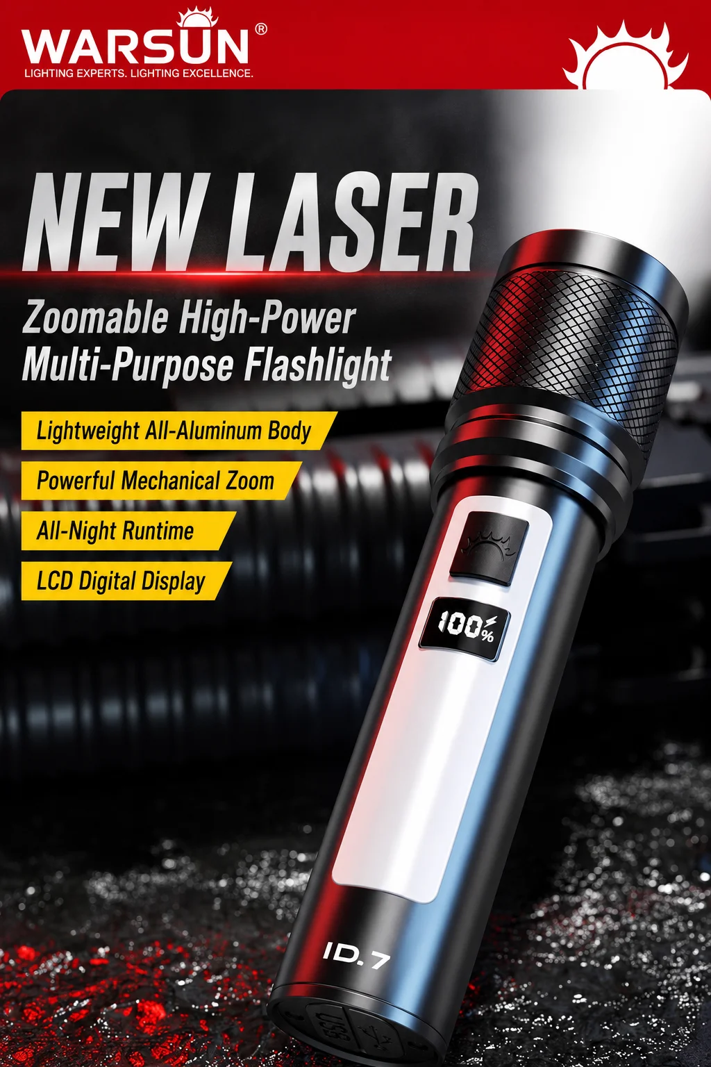 WARSUN ID7 USB Rechargeable LED Flashlight Zoomable Long Range Aluminum Torch for Camping Outdoor Emergency Lighting