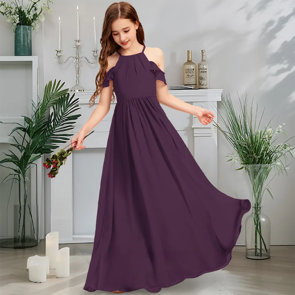 

Luxurious Halter Junior Bridesmaid Dress Twilight Rose Flower Girl Dress Floor-Length Chiffon With Cascading Ruffles Wedding